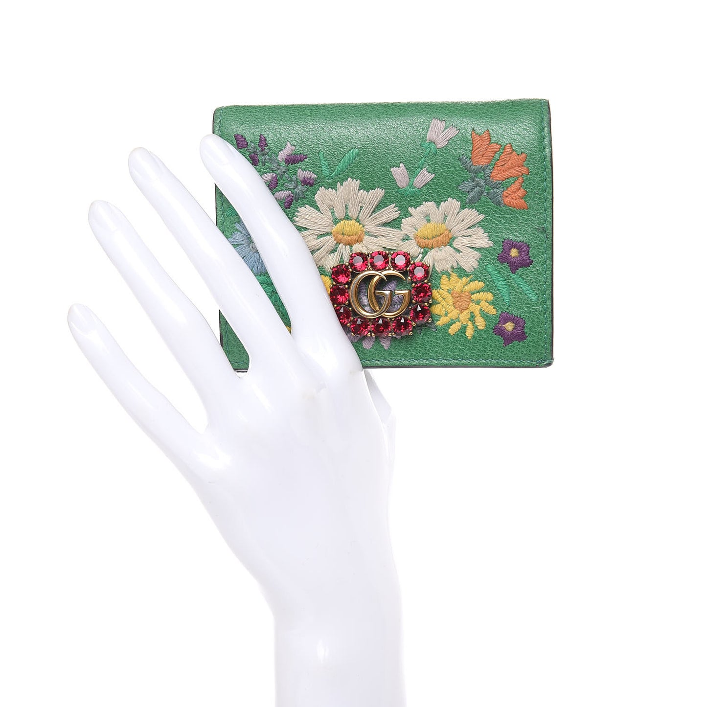 Textured Calfskin Crystal Fiori Floral Embroidered GG Card Case Grass Green
