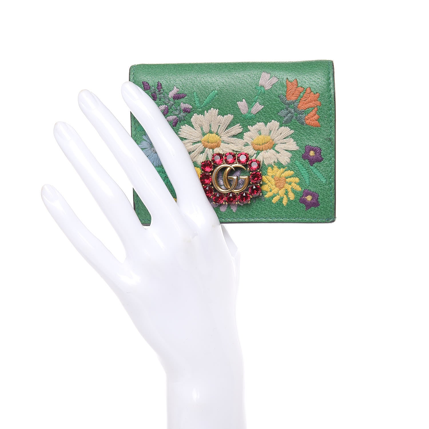Gucci Textured Calfskin Crystal Fiori Floral Embroidered GG Card Case Grass Green 2 of 10