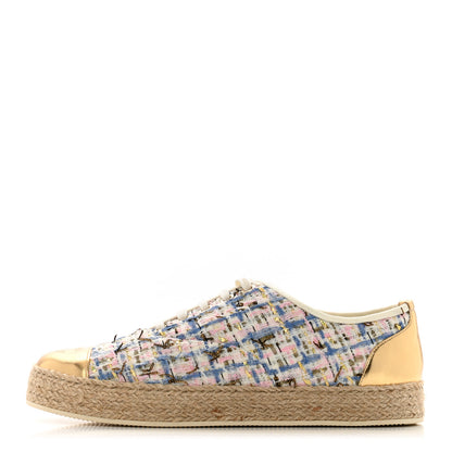 Chanel Tweed Laminated Lambskin Lace Up Espadrilles 39 Pink Blue Gold White 1 of 9