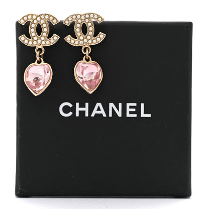 Chanel Crystal Pearl Heart CC Drop Earrings Pink Gold 5 of 5