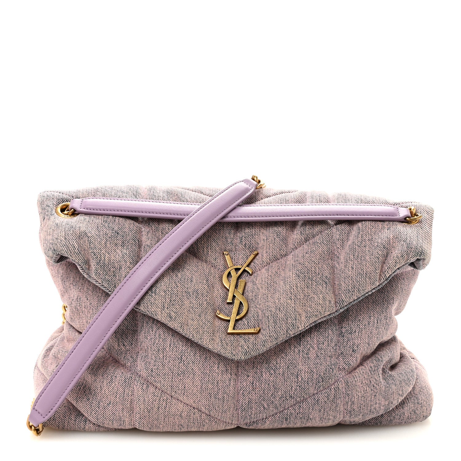 Saint Laurent Denim Quilted Medium Loulou Puffer Monogram Chain Satchel Bleached Lilac 1 of 11
