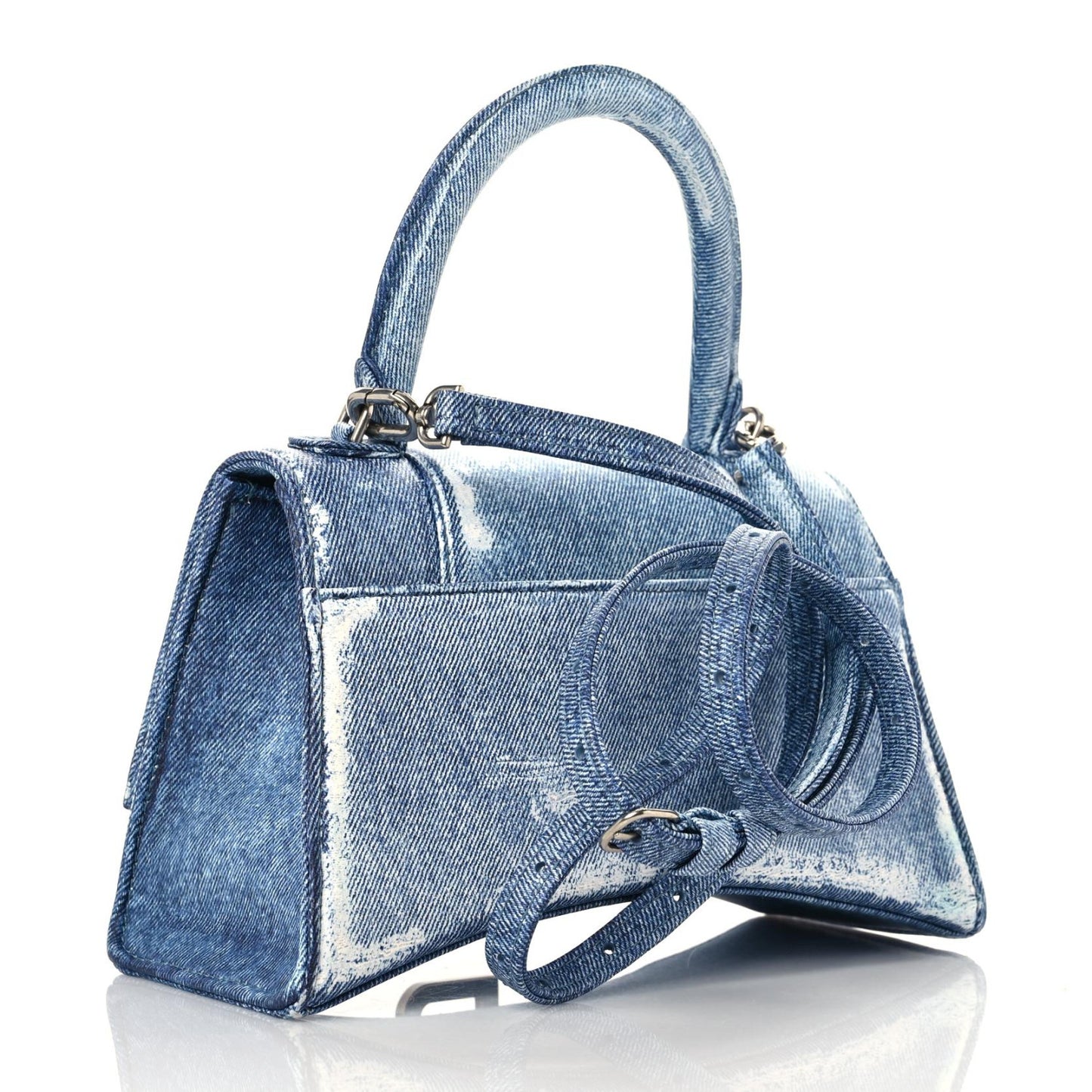 Nappa Denim Printed Small Hourglass Top Handle Bag Denim Blue