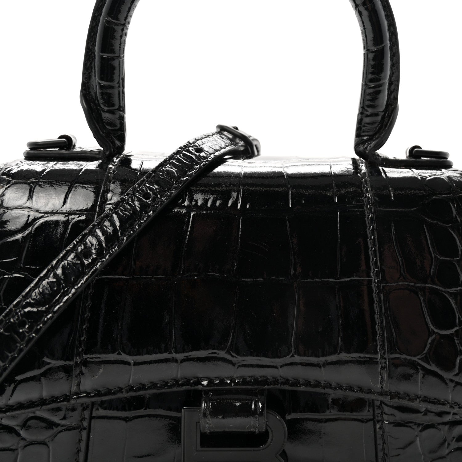 Balenciaga Shiny Calfskin Monochrome Crocodile Embossed Hourglass