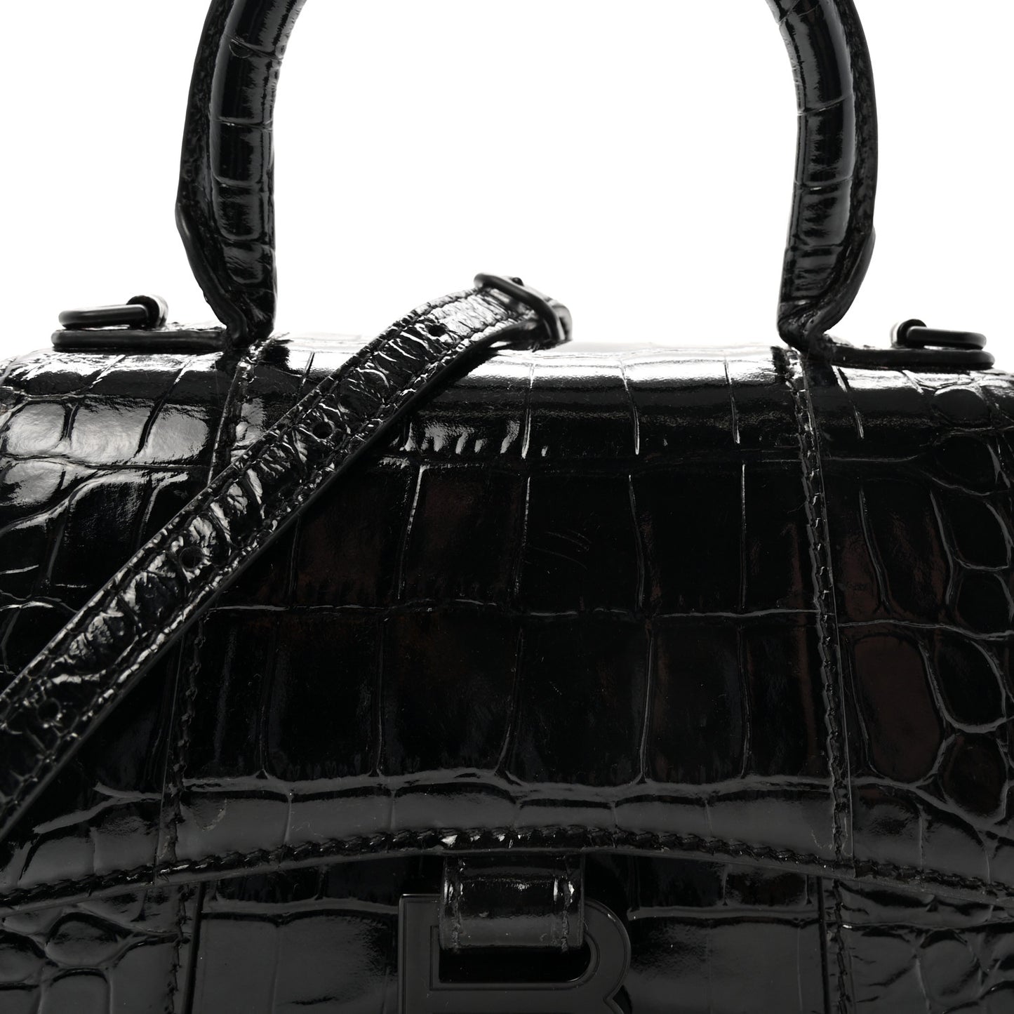 Shiny Calfskin Monochrome Crocodile Embossed Hourglass Top Handle Bag XS Black