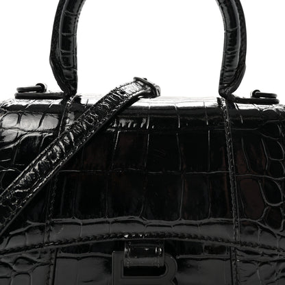 Balenciaga Shiny Calfskin Monochrome Crocodile Embossed Hourglass Top Handle Bag XS Black 7 of 9