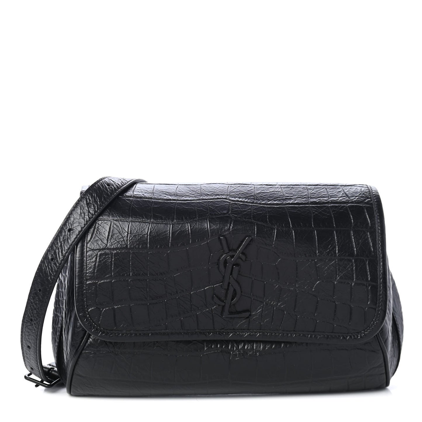 Crocodile Embossed Calfskin Matelasse Monogram Baby Niki Shoulder Belt Bag Black