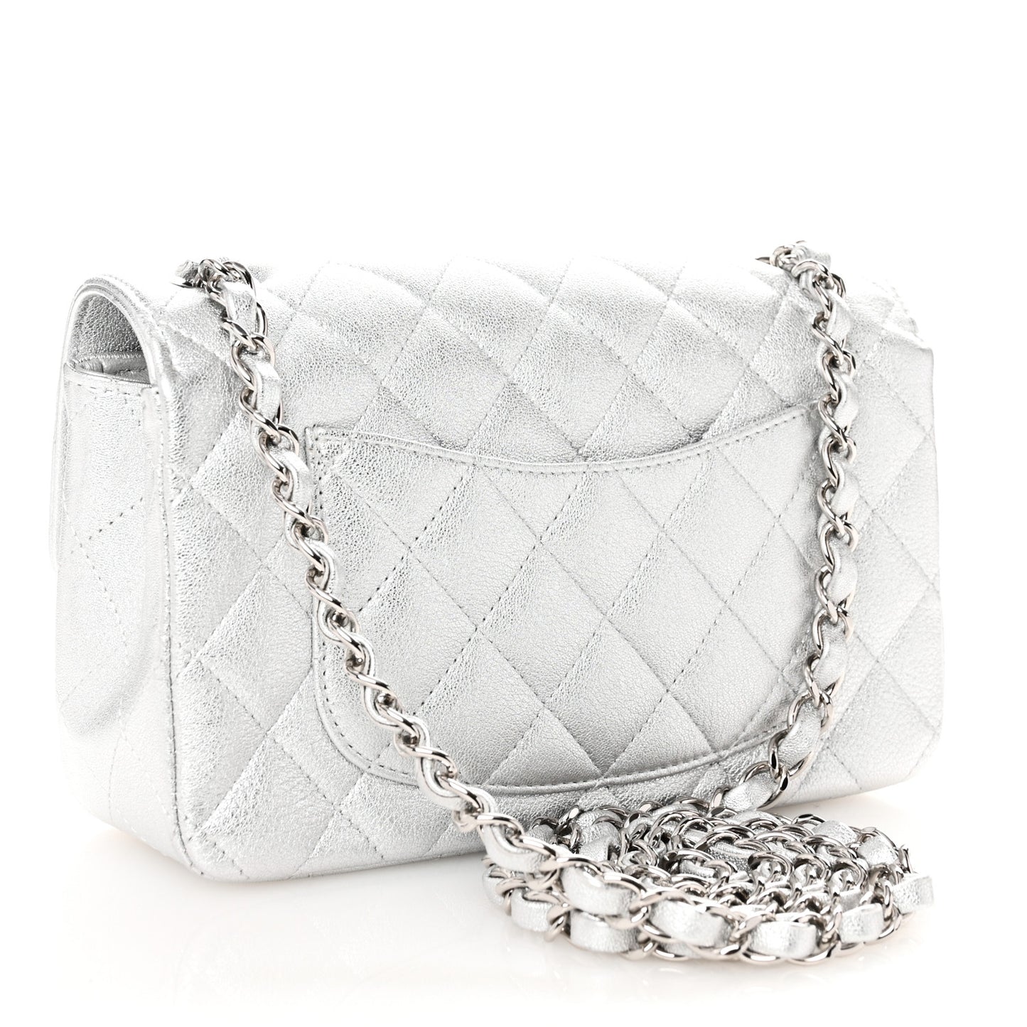 Metallic Lambskin Quilted Mini Rectangular Flap Silver