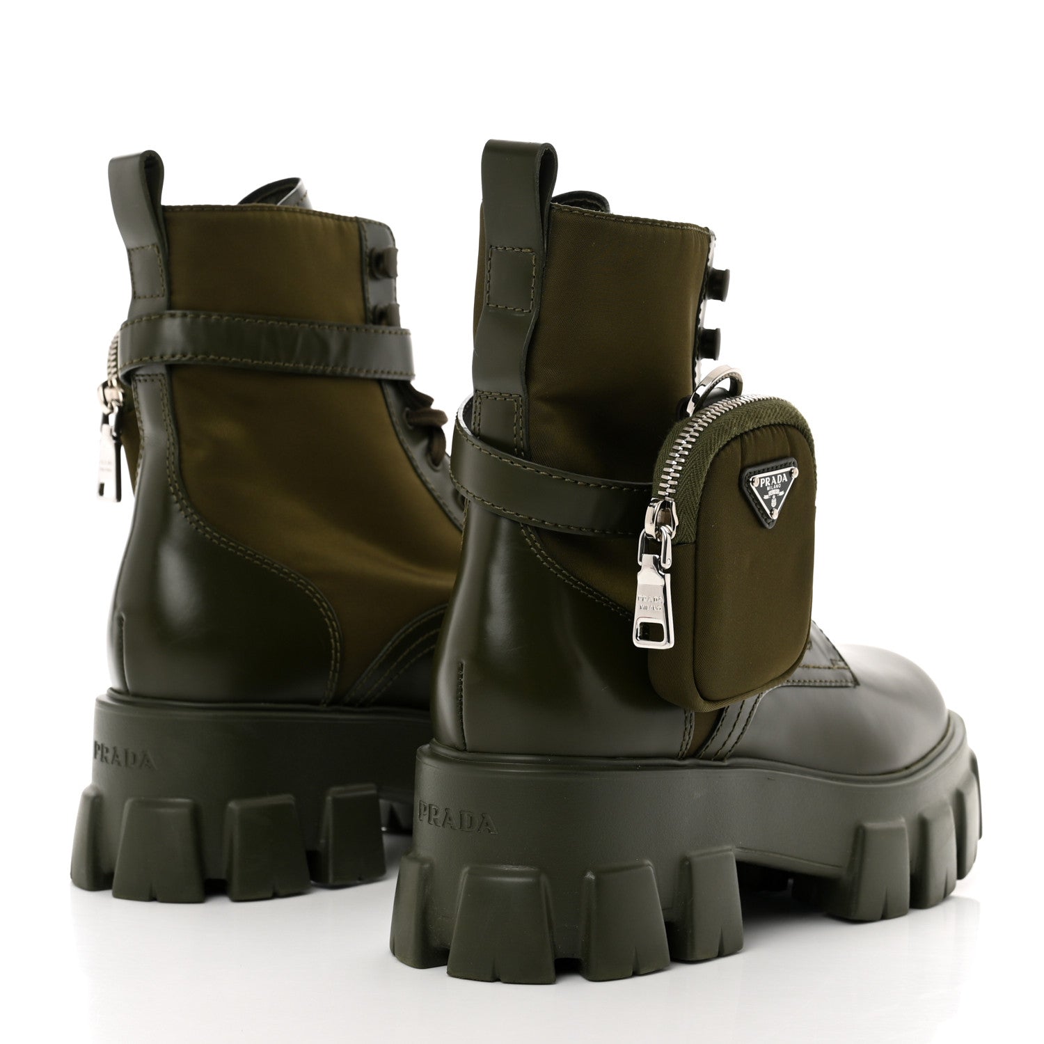 Prada Spazzolato Rois Re-Nylon Metal Triangle Logo Monolith Pouch Pocket 55mm Boots 38.5 Militare 4 of 15