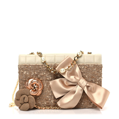 Chanel Tweed Jersey Lambskin Pearl Square Quilted Camellia Chain Flap Ivory Beige Gold 1 of 7