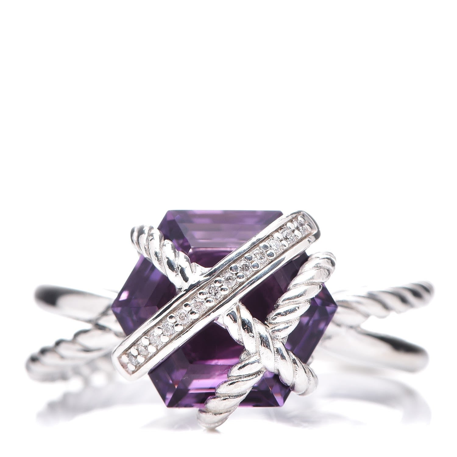 David Yurman Sterling Silver Diamond Amethyst 10mm Cable Wrap Ring 54 7 1 of 6