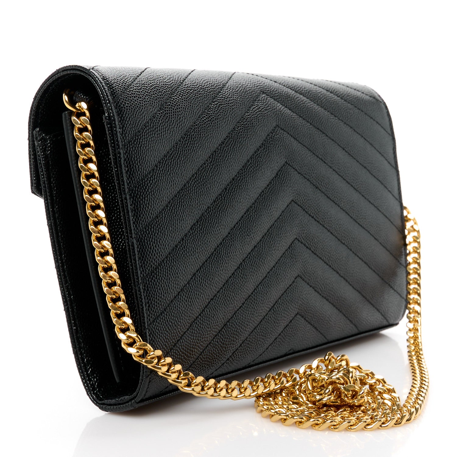 Saint Laurent Grain De Poudre Matelasse Chevron Monogram Chain Wallet Black 3 of 9