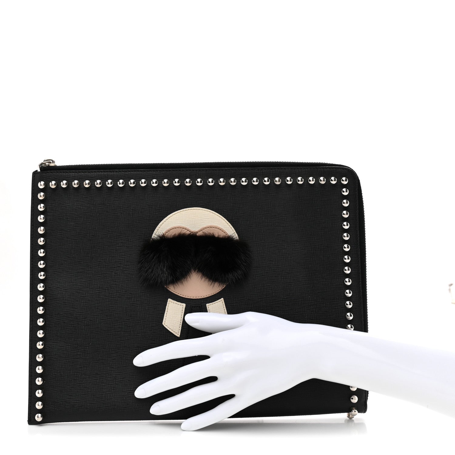 Fendi Vitello Elite Mink Fur Studded Karlito Zip Around Pouch