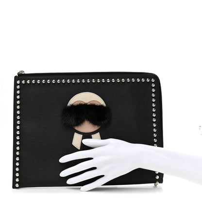 Fendi Vitello Elite Mink Fur Studded Karlito Zip Around Pouch Black 2 of 7