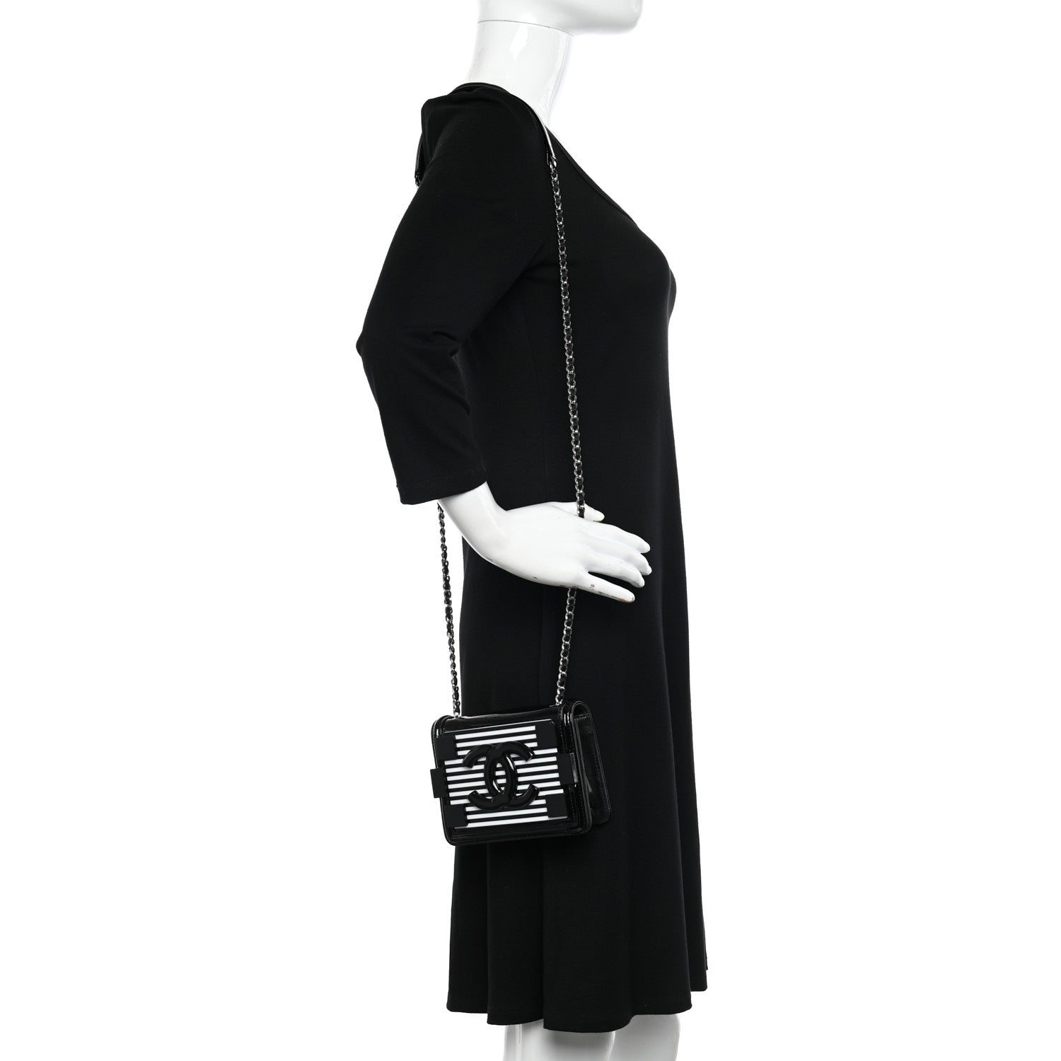Chanel Plexiglass Patent Mini Striped Boy Brick Flap Black White 3 of 11