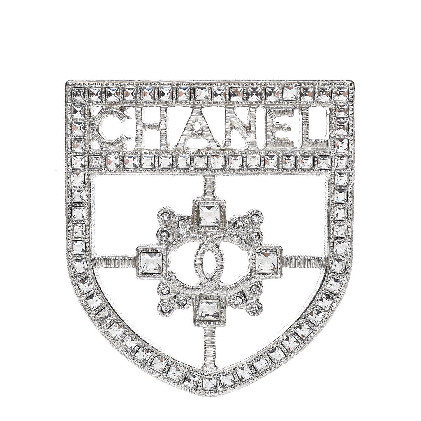 Swarovski Baguette Crystal CC Shield Brooch Silver