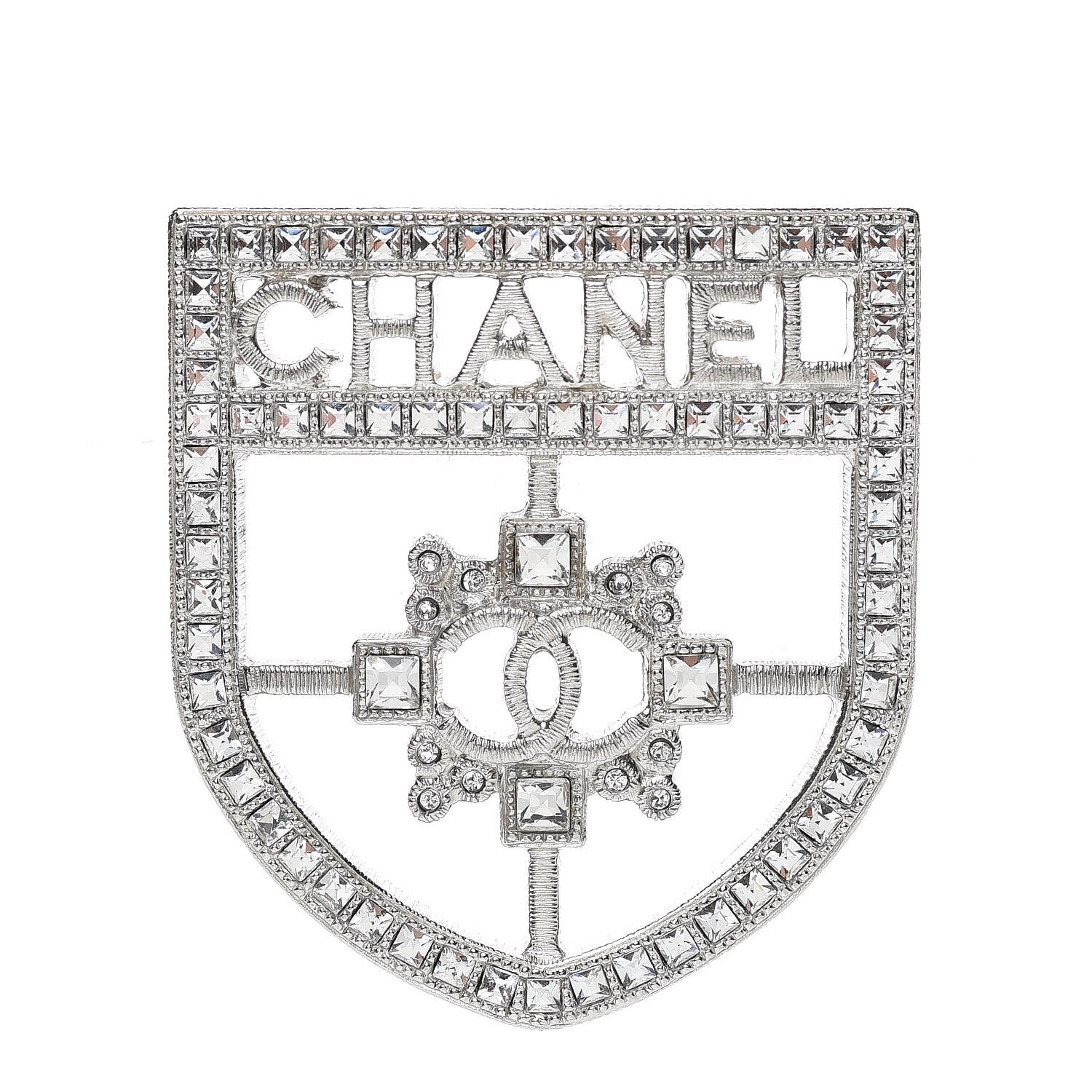 Chanel Swarovski Baguette Crystal CC Shield Brooch Silver 1 of 5