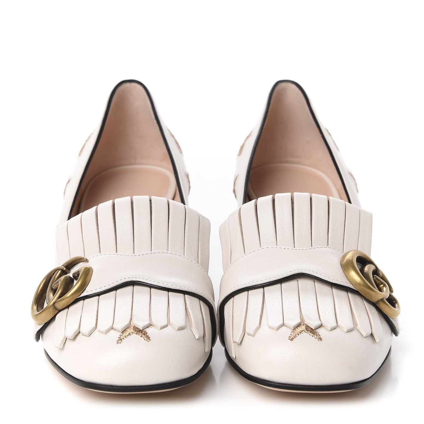 Quentin Goatskin Bee Star Embroidered GG Marmont Fringe 50mm Loafer Pumps 36.5 Mystic White