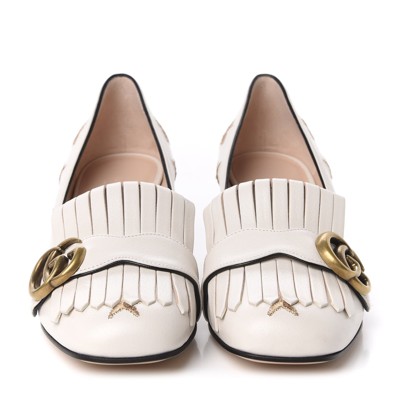 Gucci Quentin Goatskin Bee Star Embroidered GG Marmont Fringe 50mm Loafer Pumps 36.5 Mystic White 2 of 9