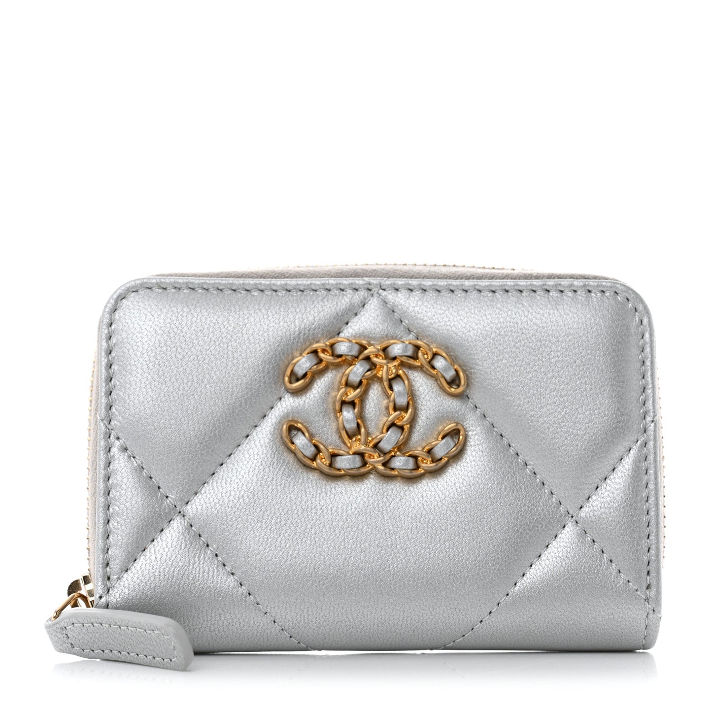 Metallic Lambskin Quilted Chanel 19 Zip Around Coin Purse Wallet Silver