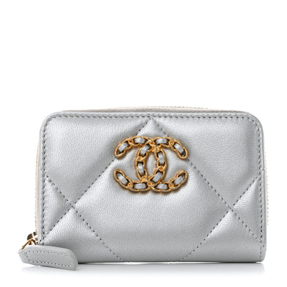 Chanel Metallic Lambskin Quilted Chanel 19 Zip Around Coin Purse Wallet Silver 1 of 8