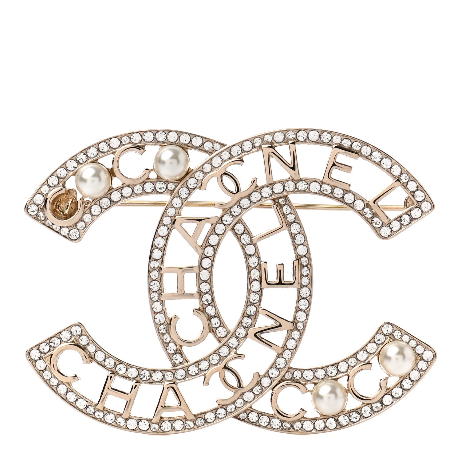 Chanel Crystal Pearl Coco CC Logo Brooch Gold 1 of 5