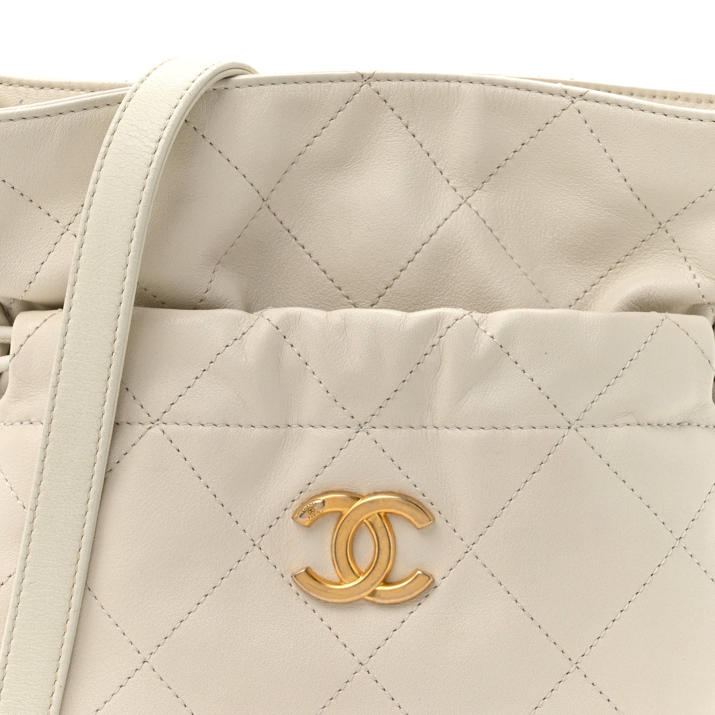 Calfskin Quilted Drawstring Bucket Bag White
