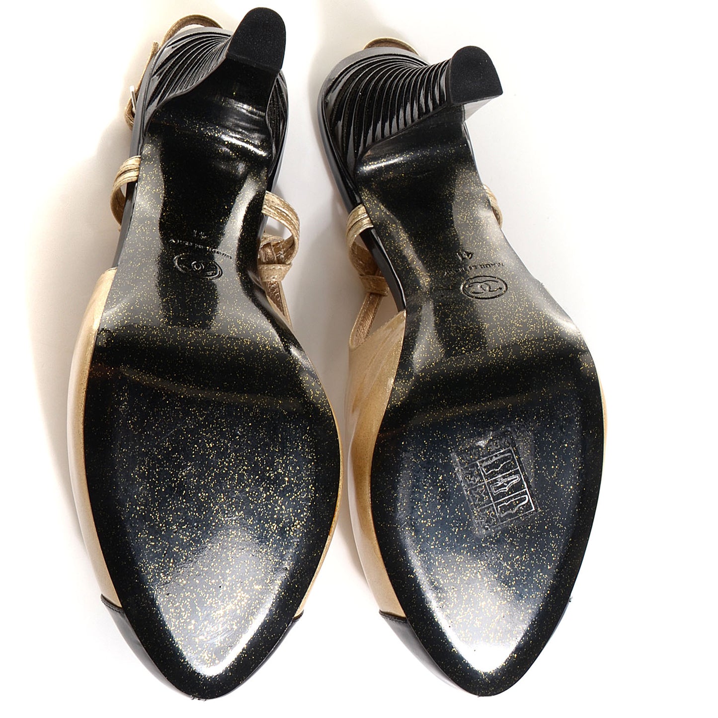 Patent Glitter Cap Toe Slingback Pumps 41 Black Beige