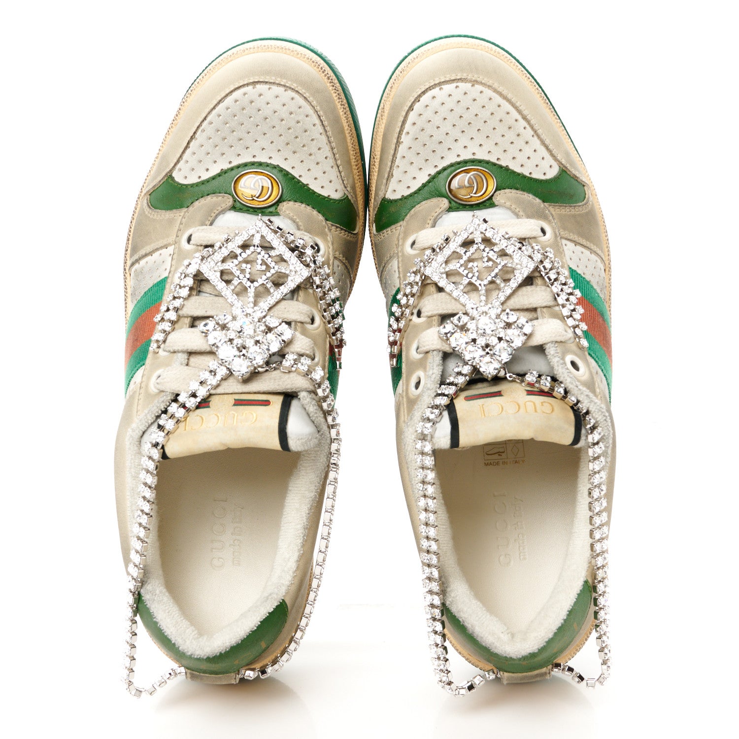 Gucci Nubuck Calfskin Web Removable Crystals Womens Screener Sneakers 36 Dusty Milk New Mystic White 2 of 11