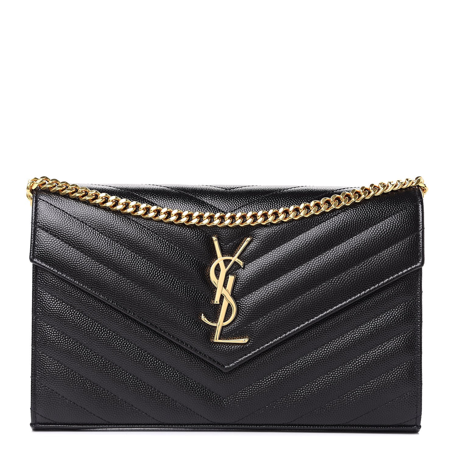 Saint Laurent Grain De Poudre Matelasse Chevron Monogram Chain Wallet Black 1 of 8
