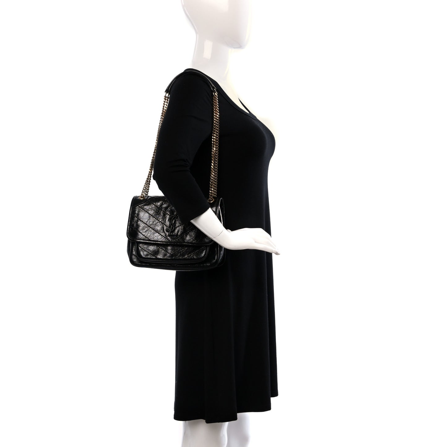Crinkled Calfskin Matelasse Monogram Baby Niki Chain Satchel Black