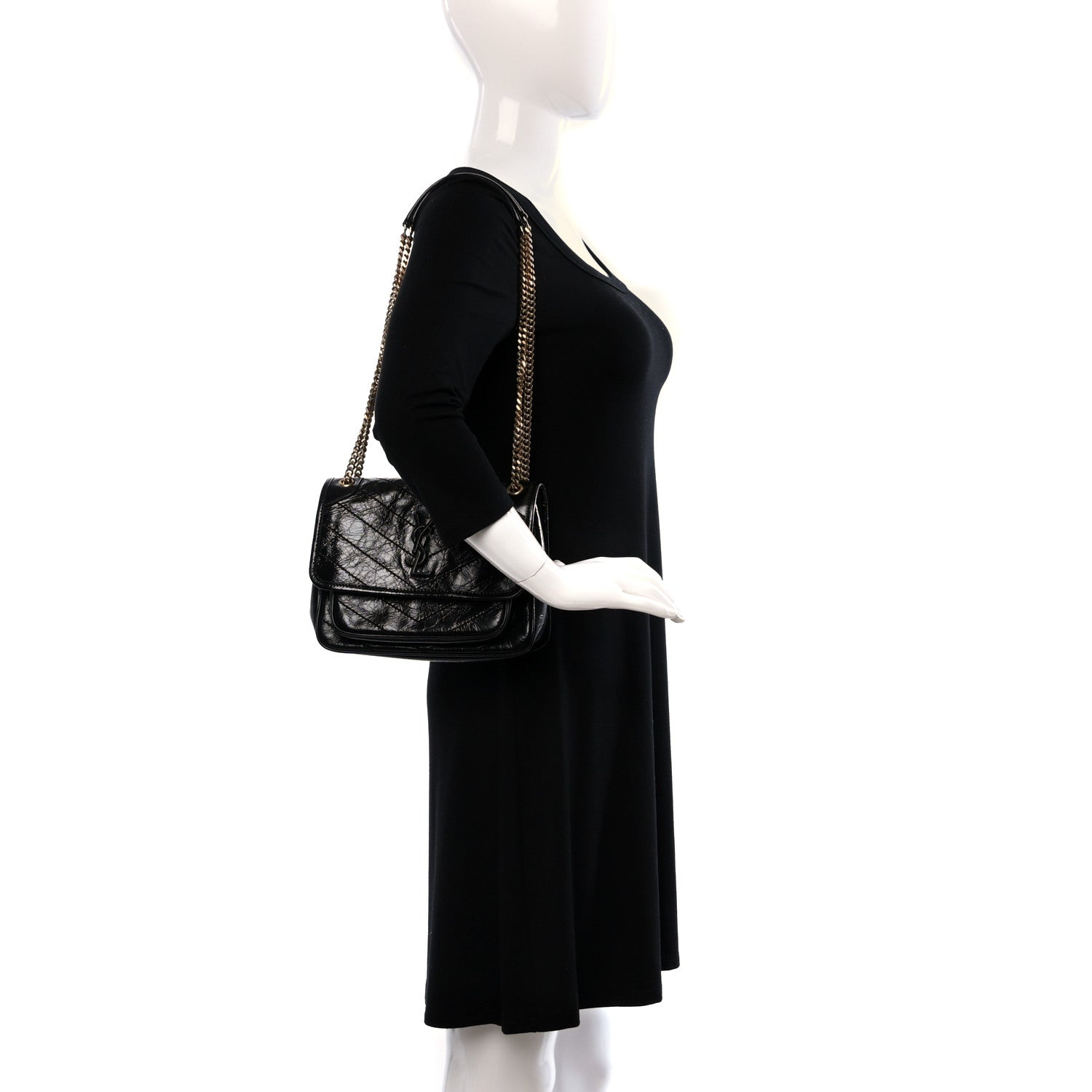 Saint Laurent Crinkled Calfskin Matelasse Monogram Baby Niki Chain Satchel Black 2 of 9