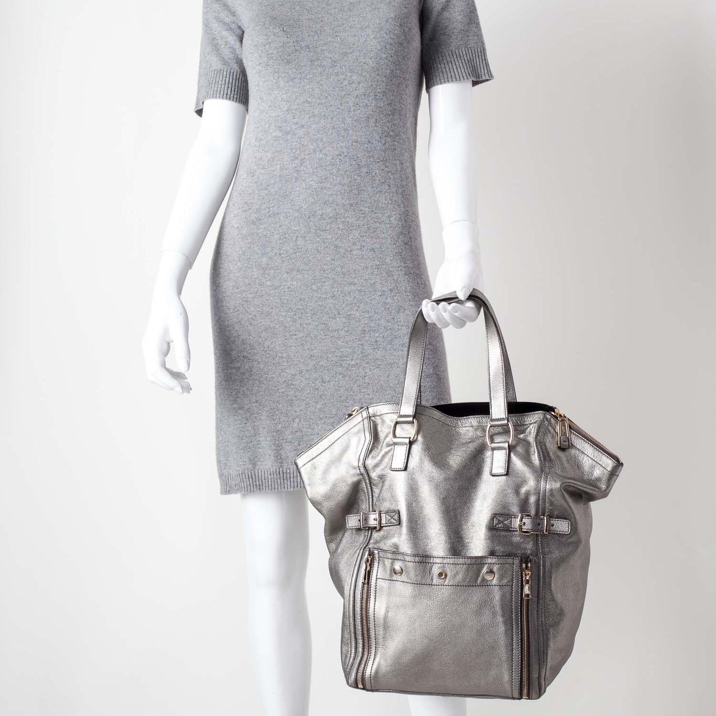 Leather Large Downtown Tote Silver
