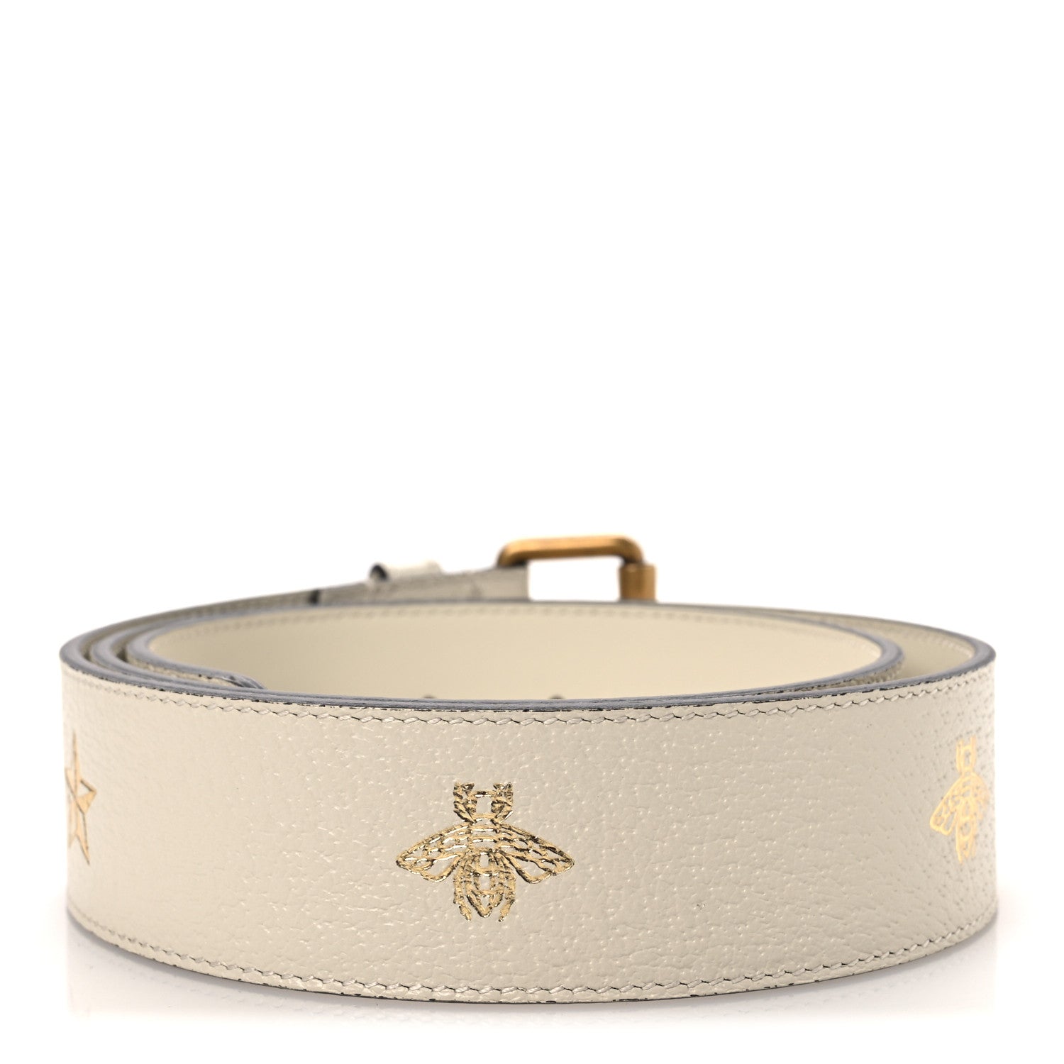 Gucci Textured Dollar Calfskin Bees And Stars Print Womens 40mm Belt 90 36 Mystic White Gold 2 of 5