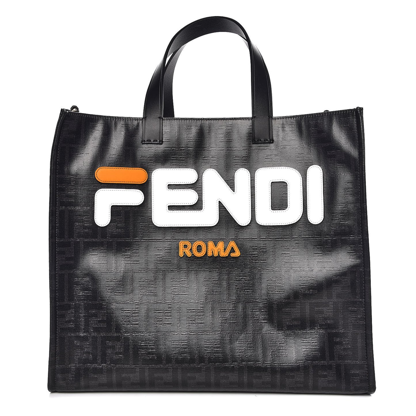 X FILA Glazed Fabric FF 1974 Mania Shopping Tote Bag Black White