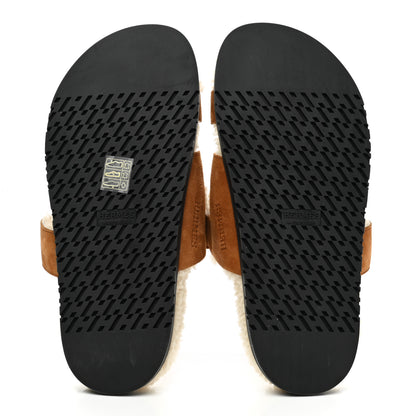Hermes Suede Goatskin Woolskin Womens Chypre Sandals 37 Brun Fume Ecru 6 of 9
