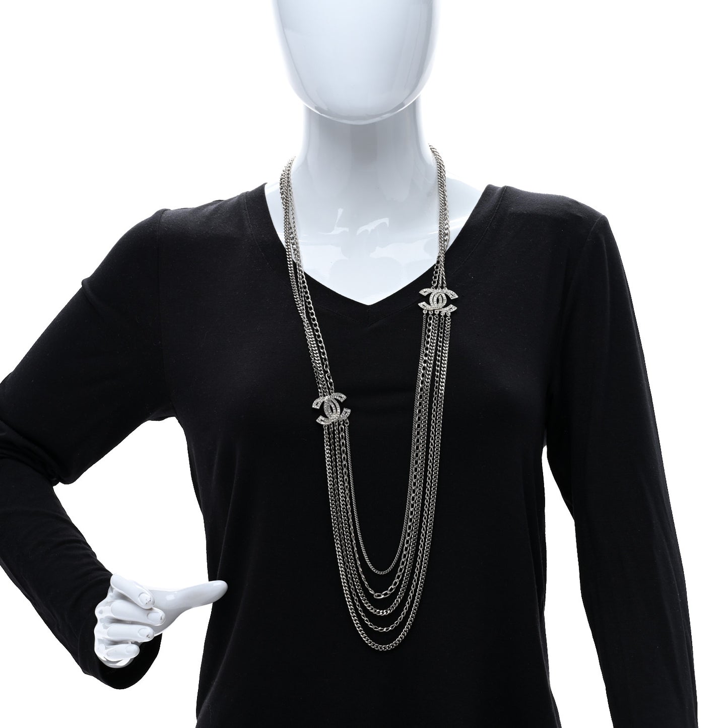 Baguette Crystal CC Multi Strand Long Chain Necklace Silver