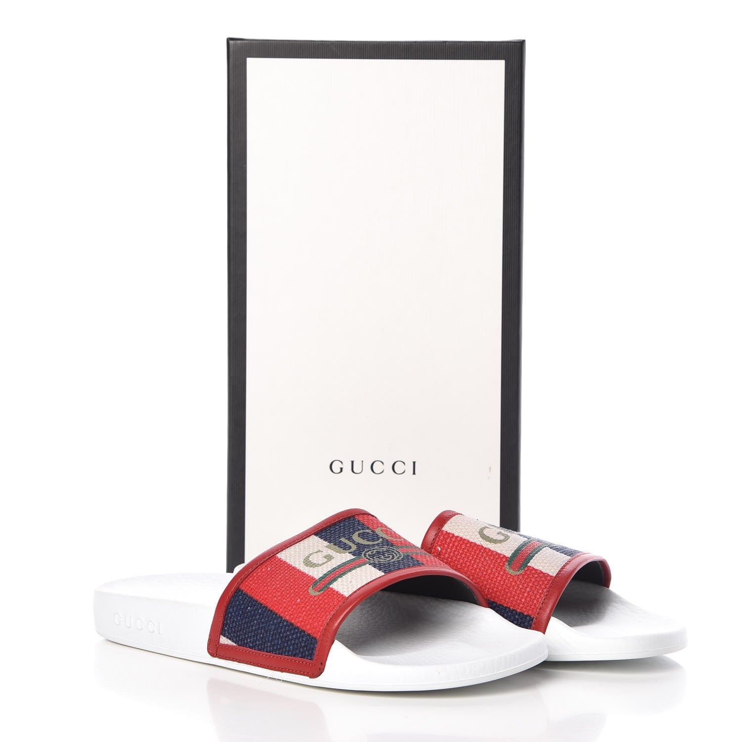 Gucci Canvas Sylvie Stripe Logo Pursuit Slide Sandals 40 Mystic White Hibiscus Red Maritime 7 of 7