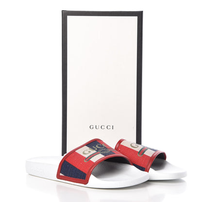 Gucci Canvas Sylvie Stripe Logo Pursuit Slide Sandals 40 Mystic White Hibiscus Red Maritime 7 of 7