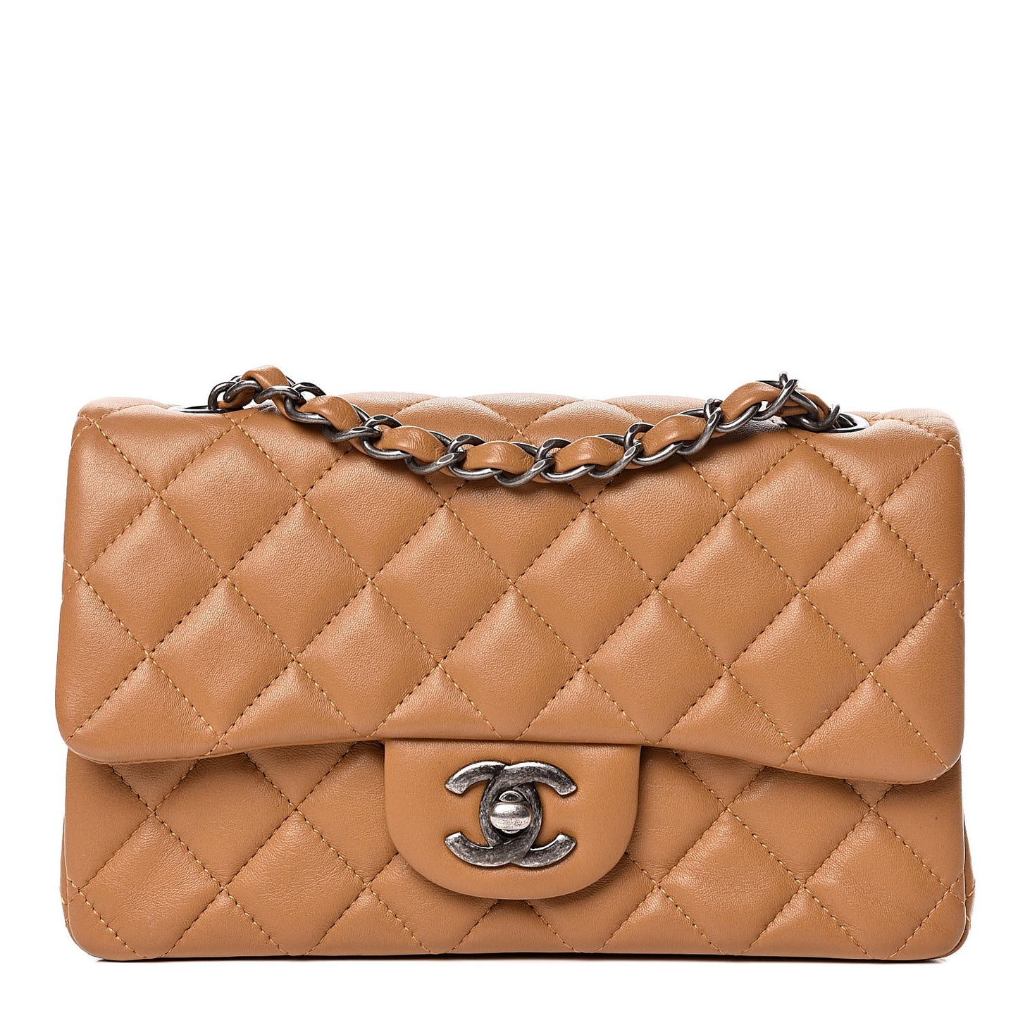 Lambskin Quilted Mini Rectangular Flap Camel