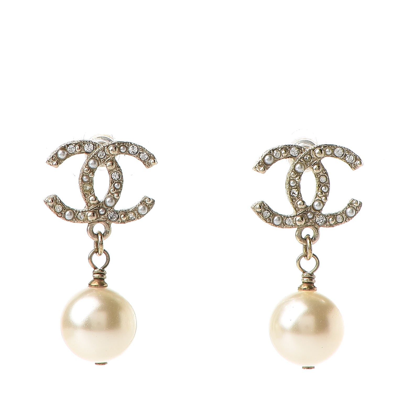 Chanel Crystal Pearl CC Drop Earrings Gold 1 of 6