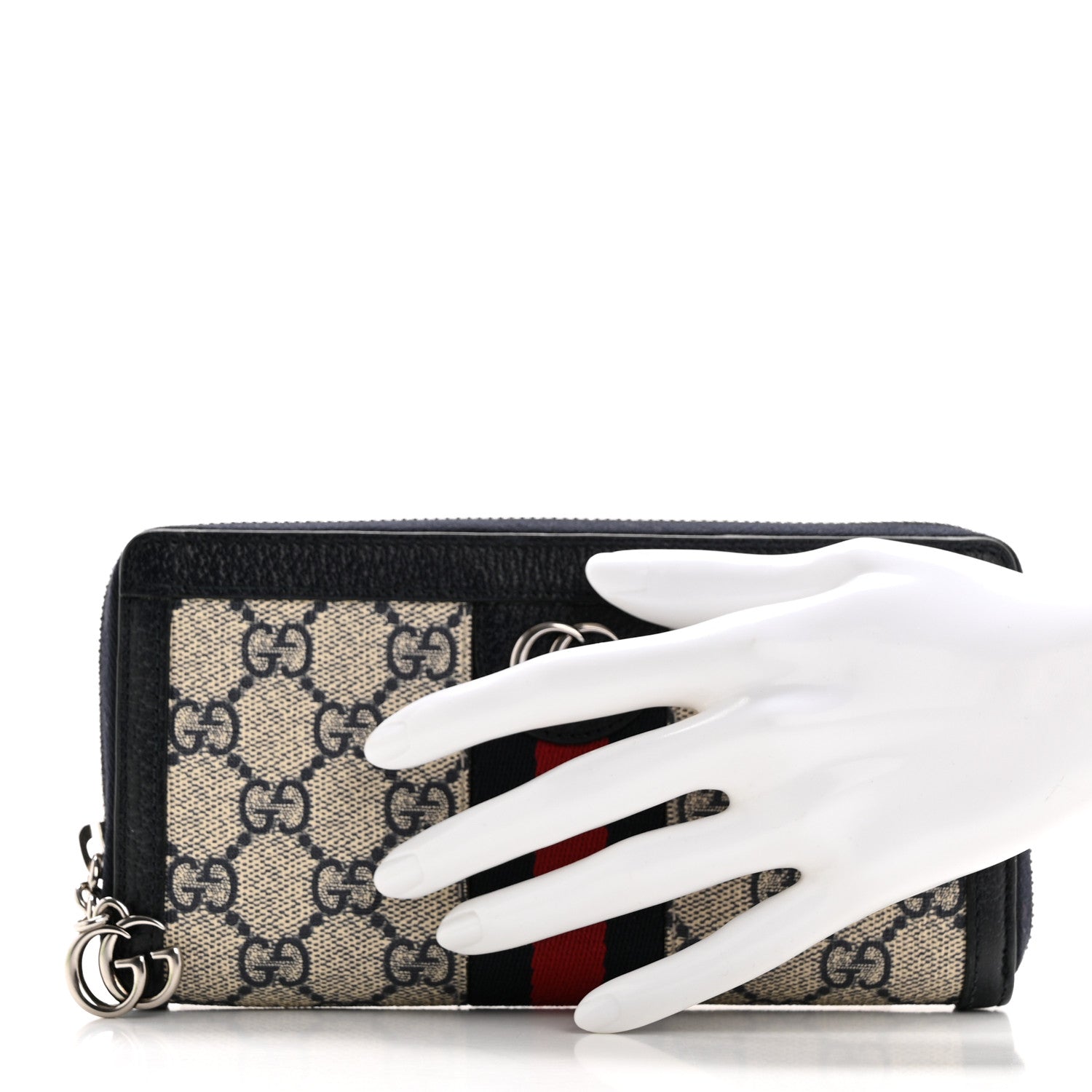 Gucci GG Supreme Monogram Textured Dollar Calfskin Web Ophidia Zip Around Wallet Beige Blue 2 of 9