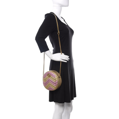 Gucci Metallic Calfskin Matelasse Mini GG Marmont Round Shoulder Bag Gold Pink 2 of 11