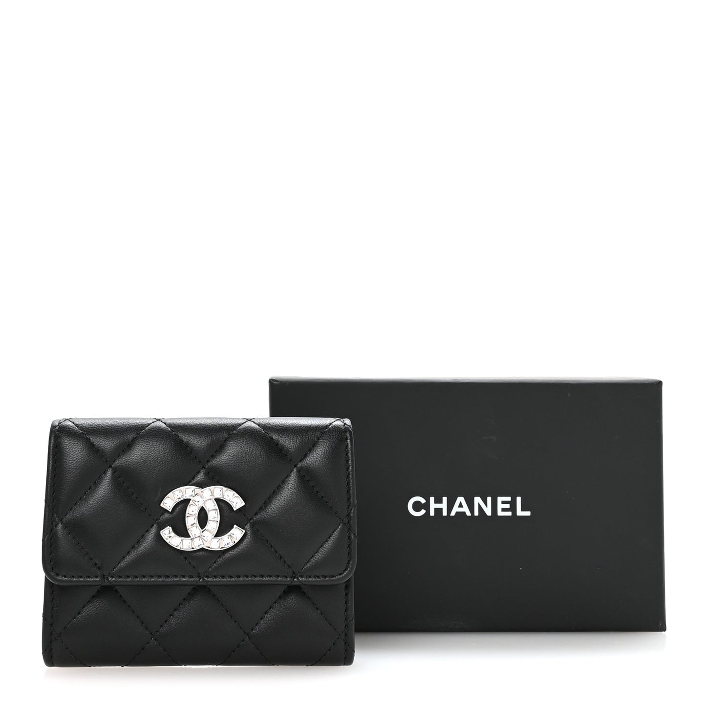 Lambskin Quilted Flap Baguette Crystal Card Holder Wallet Black