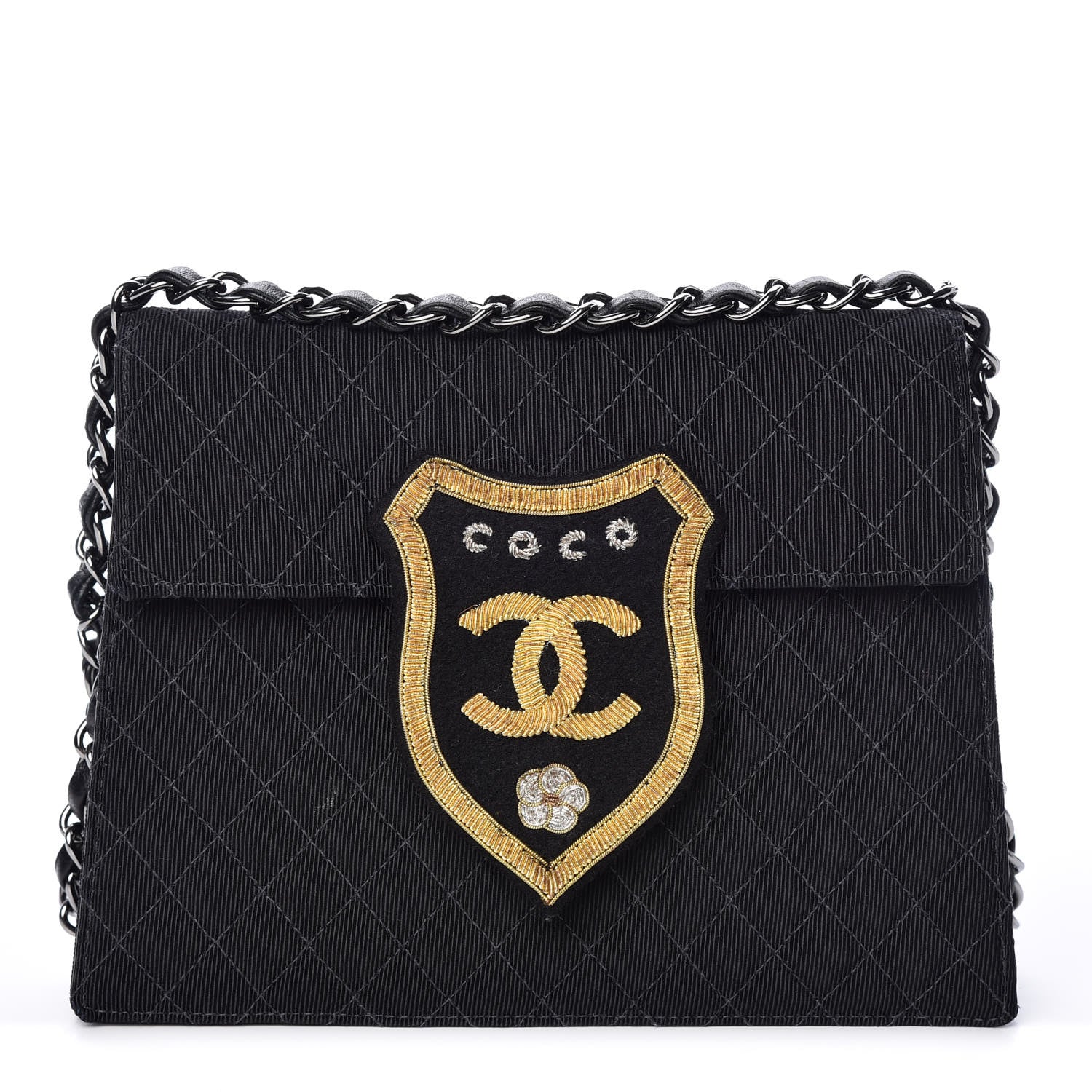 Chanel Grosgrain Quilted Embroidered Patch Flap Black 1 of 15