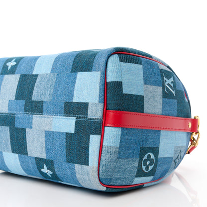 Louis Vuitton Denim Damier Monogram Patchwork Speedy Bandouliere 30 Blue Rouge 10 of 10
