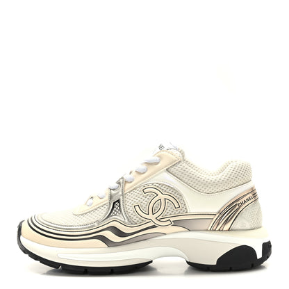 Chanel Fabric Laminated Calfskin Stretch CC Womens Sneakers 38 Ivory White Silver 1 of 8