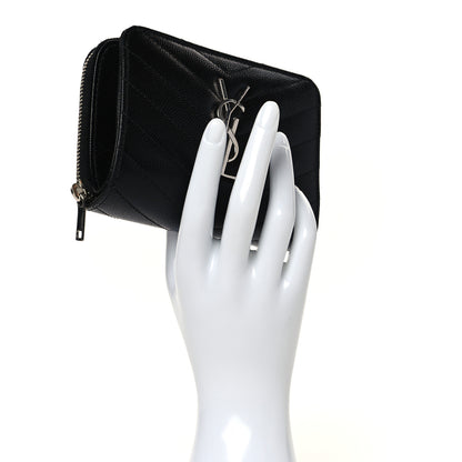 Saint Laurent Grain De Poudre Matelasse Chevron Monogram Compact Zip Around Wallet Black 2 of 9