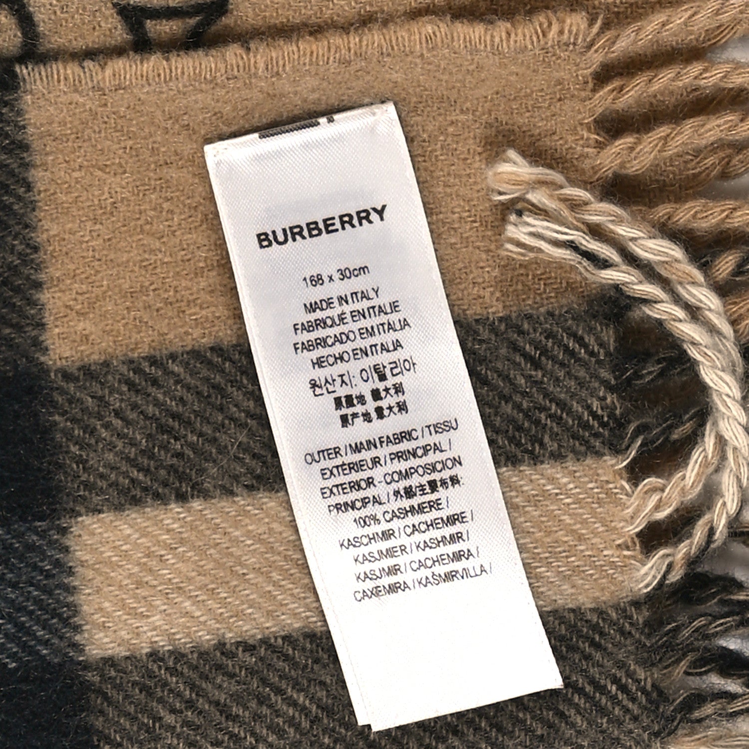 Burberry Cashmere Giant Check TB Double Face Fringe Scarf Camel 3 of 3