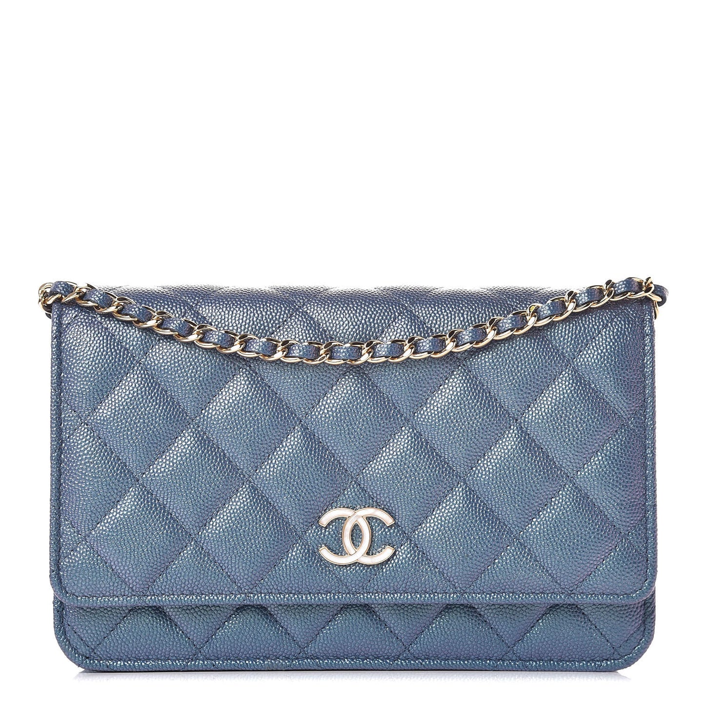 Iridescent Caviar Quilted Wallet On Chain WOC Dark Blue