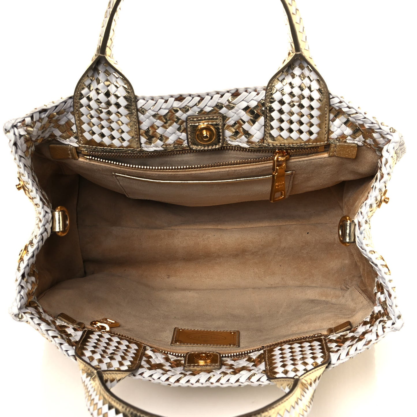 Goatskin Woven Small Tote White Gold